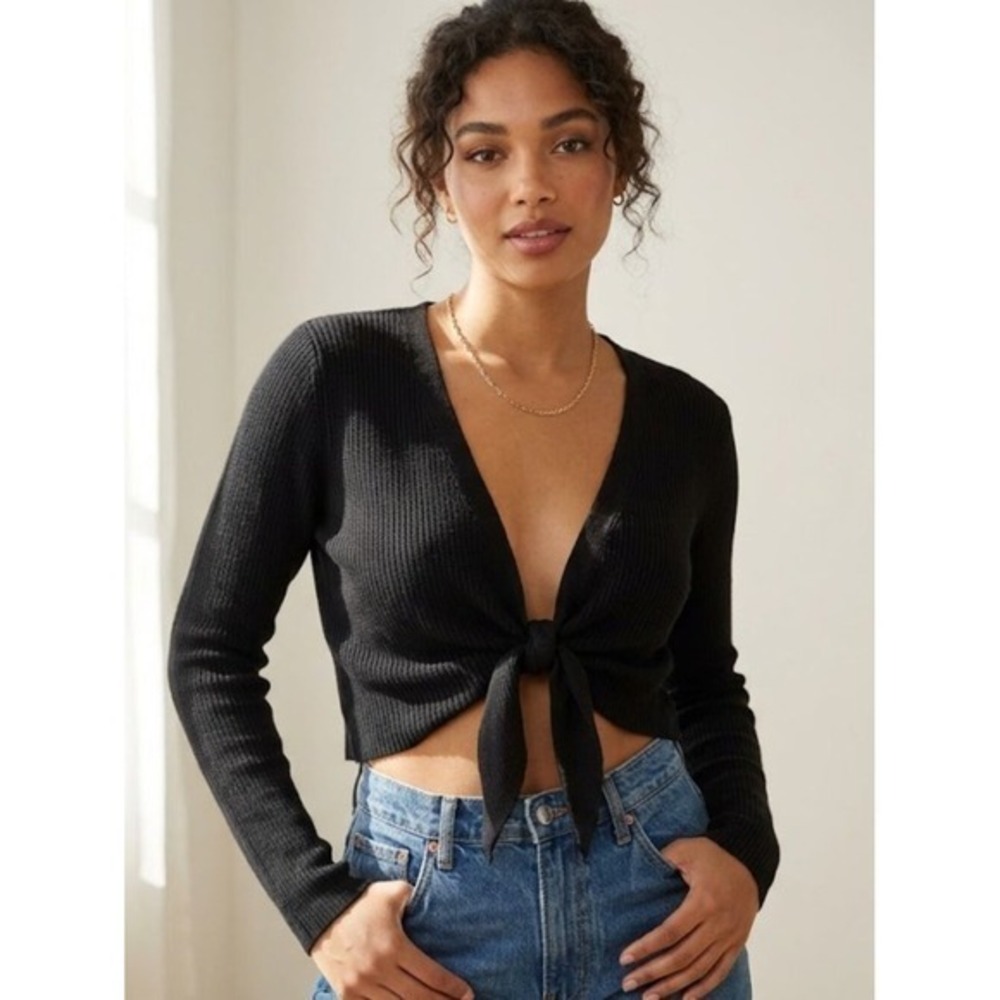 Prospirit Black Pima Cotton Modal Front Tie Long Sleeve Crop Top Womens Medium‎